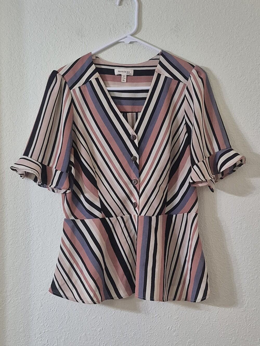 Monteau Striped V-Neck Button Peplum Top - Pink & Navy & Cream